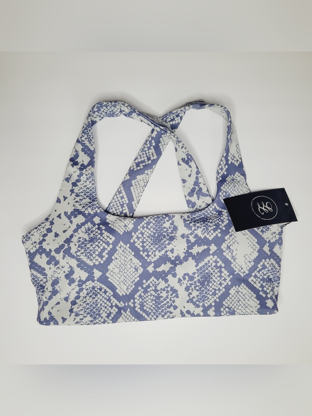 Lovelylesh Sports Bra Snake Print Small Pilates Criss-cross Back Blue White Gym